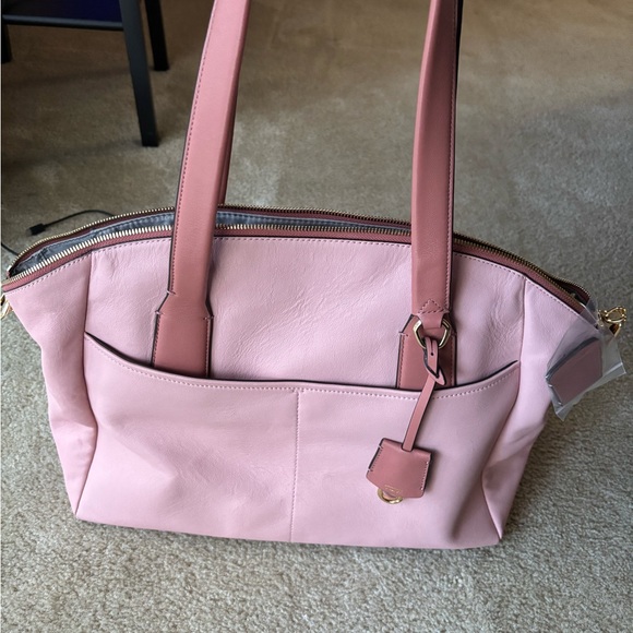 Tumi Pink Leather Zip-Top Tote Work Laptop Bag Travel Purse - Picture 2 of 10